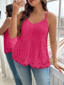 Reflora Plus Size Summer Casual Solid Color Lace Sweetheart Neck Camisole - Hot Pink - View 7