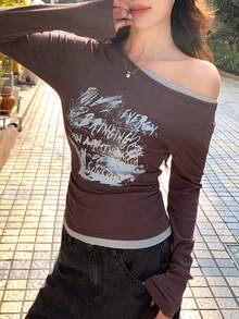 DAZY Women's Colorblock English Letter Print Asymmetric Shoulder Long Sleeve T-Shirt, Spring/Summer - Brown - View 7