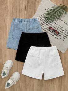 SHEIN Bộ 3 quần short denim ống rộng dáng suông cho bé trai, màu xanh dương, đen, trắng. - Nhiều màu - Xem 2