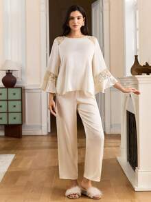 成熟简约浪漫优雅网纱拼接缎面喇叭袖女士睡衣套装 - 香檳色 - 查看 3