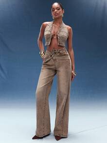 Normani 女士牛仔卡其色性感休闲街头风上衣，正面饰有圆环，露背设计 - 棕色 - 查看 3