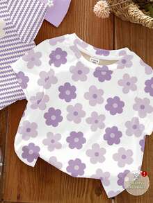 SHEIN LMoss Kids 3件套可爱花卉系列奶油紫、紫色条纹、紫色圆领短袖百搭T恤，适合日常、居家、度假、搭配，轻松舒适，可叠穿，时尚女孩，休闲装，儿童花卉图案服装，别致秋季，时尚冬季，新款，清凉舒适 - 彩色 - 查看 3