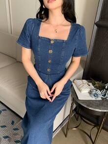 DAZY Bộ đồ denim nữ thanh lịch gồm áo tay ngắn ôm dáng và chân váy dài, thích hợp cho mùa xuân và hè. - Màu xanh lam - Xem 4