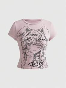 ROMWE Y2K Polka Dot Anime Girl Print Fitted Versatile T-Shirt - Mauve Purple - View 1