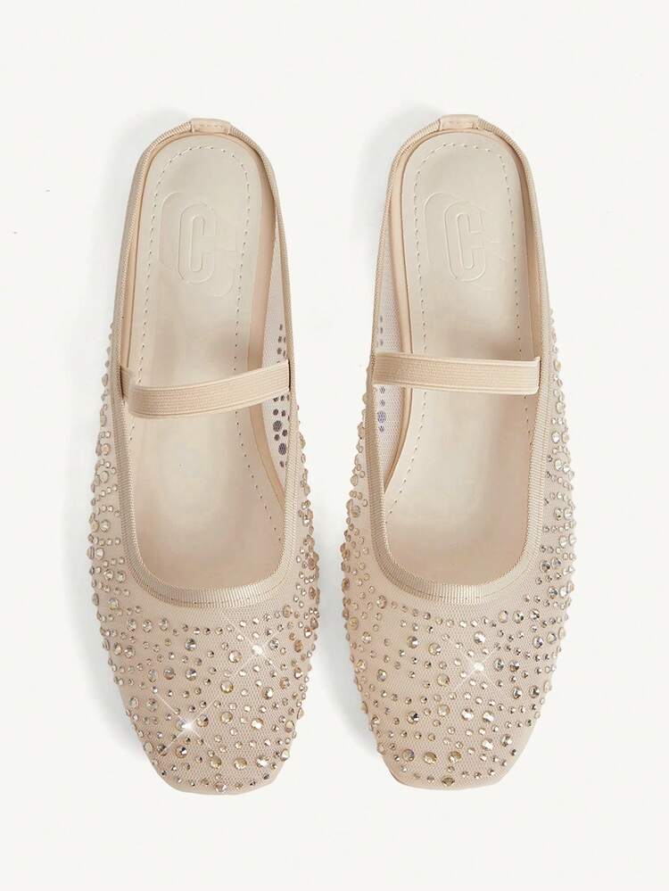CUCCOO CHICEST Women Shoes Spring And Summer Fashion Apricot Full Diamond Mesh Elastic Band Women's Flat Mule Shoes Elegant When Comfortable And Cute Sweet Women's Flat Shoes Half Slippers Wedding Shoes