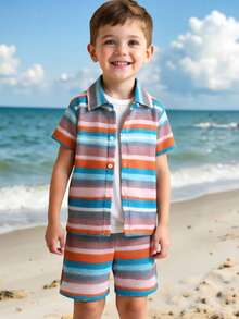 SHEIN Vintaside Kids Summer Two Piece Set Boys Boy Collared Shirt And Shorts Set Boys Shirt And Shorts Set Crochet Two Piece Set Kids Little Boy Two Piece Set - Colorful - View 3