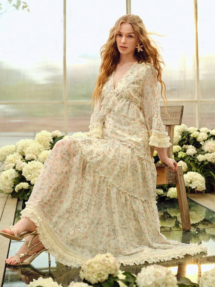 여성 로맨틱 우아한 프린트 롱 드레스, 봄/여름