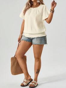 Freevana 荷叶边下摆松紧腰短袖圆领套头衫，大码女式上衣，夏季女式上衣，女士上衣和衬衫，女士休闲衬衫，女士短袖上衣，女士夏季服装，休闲夏季上衣，优雅休闲女士上衣，女士夏季可爱新款上衣 - 杏色 - 查看 4