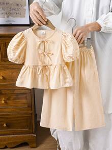 Emery Rose Kids Emery Rose Kids Young Girl Woven Plaid Petal Sleeve Top And Loose Long Pants 2pcs Set Girls Two Piece Set Yellow Striped Outfit Girls,Kids - Yellow - View 2