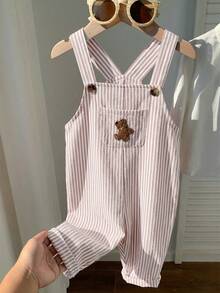 SHEIN Baby Boy Casual Cute Versatile Striped Cartoon Bear Pattern Bib Jumpsuit,Kids - Red - View 8