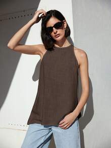 Ontre 2026春夏新款夏季音乐节、演唱会、乡村音乐节女装。舒适休闲圆领镂空无袖亚麻白色女士背心。日常穿着、海滩装、波西米亚风度假装、独立风、乡村音乐会西部风，高品质舒适面料，适合办公室穿着，时尚百搭女式上衣。 - 棕色 - 查看 4