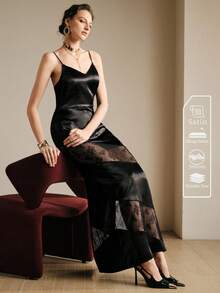 Revavyn Revavyn Women's Black Summer Elegant Long Slip Dress With Satin And Lace Trim,Fitted Waist,Sheer Design,Perfect For Night Out,Wedding Party Or Valentine's Day - Black - View 4