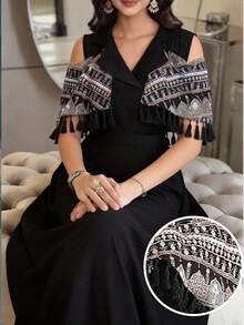 Al Najma Chal con flecos bordados turcos y vestido maxi tradicional árabe para mujer - Negro - Ver 1