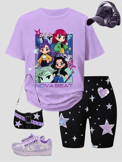 SHEIN ChillGRL 2pcs/Set Teenage Girls' Fashionable Street Style Printed Comfortable Short Sleeve T-Shirt And Tight Printed Shorts, Suitable For Casual Outings