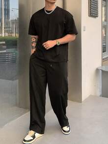DAZY Men's Solid Color Short Sleeve Top And Long Pants 2 Pieces Set, Spring/Summer - Black - View 6