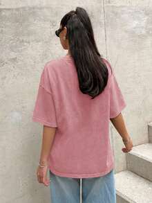 SHEIN EZwear 宽松纯色圆领落肩短袖休闲T恤，莲藕粉色 - 藕粉色 - 查看 2