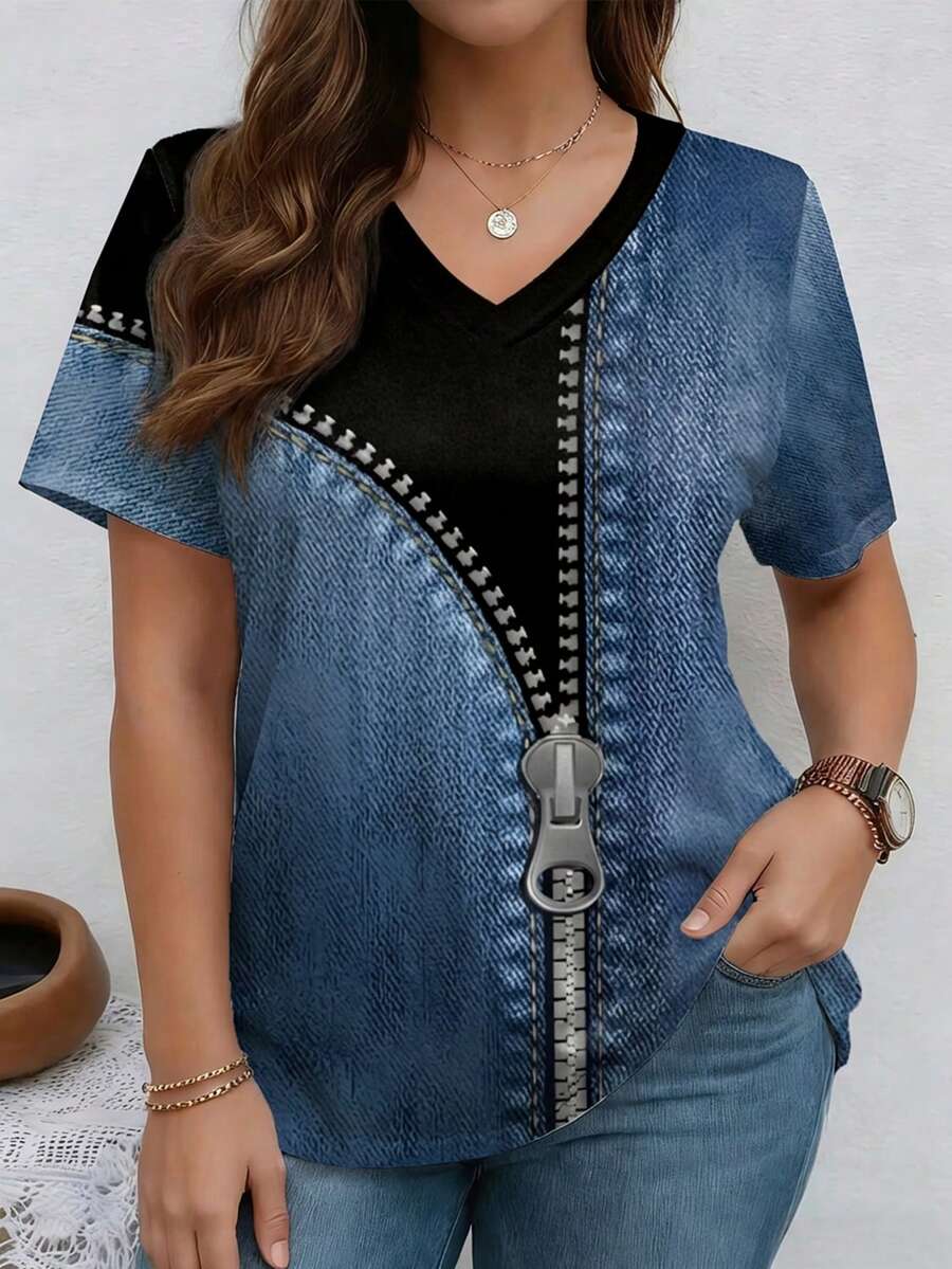 EMERY ROSE Patchwork Pattern Twill Texture Round Neck Short Sleeve Casual Plus Size T-Shirt, Spring - Multicolor - View 1