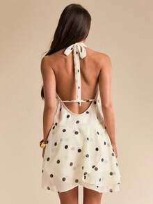 SHEIN BAE White With Black Polka Dots,Summer,70s,Party Elegant Draped Neck Asymmetric Ruffle Hem A-Line Dress,Apricot & Black Casual Vacation Wedding Banquet - Apricot - View 2