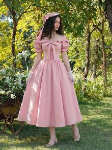 SHEIN MOD Đầm midi nữ thanh lịch, tối giản, màu trơn, xếp ly, trễ vai, eo thon, tay phồng, thích hợp cho mùa hè. - Hồng - Xem 3