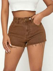 SHEIN PETITE Shorts vaqueros de mujer con bolsillos deshilachados - Marrón - Ver 3