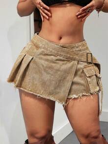 SHEIN ICON 女士休闲复古裹身流苏边牛仔短裤，夏季 - 卡其色 - 查看 3