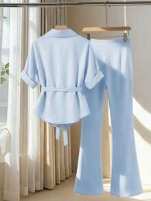 GlowEve Spring/Summer New Blue Short Sleeve Collared Shirt With Metal Buttons, Irregular Button Design, Elegant, Versatile, Paired With High Waist Flared Casual Pants, Simple Commuter Women 2 Pieces Set - Blue - View 2