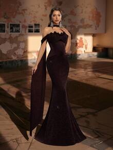 Glamrae Elegant Crafted Floral Lace Collar Structural Splice Ruffle Hem Flared Hem Cocktail Party Dress, Evening Dress, Lightweight Mesh Dress - Coffee Brown - View 5