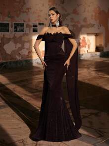 Glamrae Elegant Crafted Floral Lace Collar Structural Splice Ruffle Hem Flared Hem Cocktail Party Dress, Evening Dress, Lightweight Mesh Dress - Coffee Brown - View 6