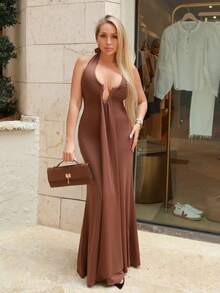 Cioccolato Brown Color Sexy V Neck Halter Neck Backless Sleeveless Ruched Maxi Dress,Concert Dress,Club Dress,Date Night Dress,Streetwear,Elevated Elegance Dress,Prom Dress,Rave Dress,Women Birthday Dress,Party Must Have,Spring Dress - View 5