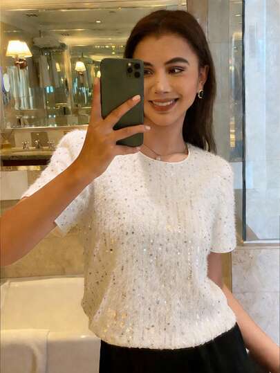 DAZY Blusa elegante con cuello redondo y manga corta con lentejuelas para mujer