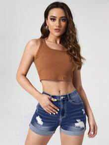 SHEIN Essnce Shorts vaqueros rasgados para mujer, moda minimalista, apropiados para el verano - Azul - Ver 5