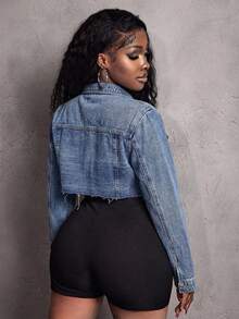 Slaydiva Áo khoác denim nữ dáng ngắn, thời trang thường ngày, rách gấu, phù hợp cho việc đi lại hàng ngày. - Màu xanh lam - Xem 3