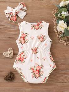 Baby Girl Floral Print Cute Sleeveless Romper - Apricot - View 2