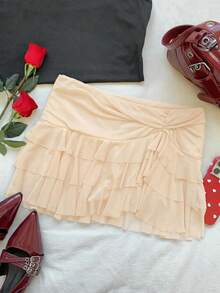 SHEIN EZwear 女士时尚不对称下摆荷叶边腰部米色伞裙 - 米色 - 查看 7