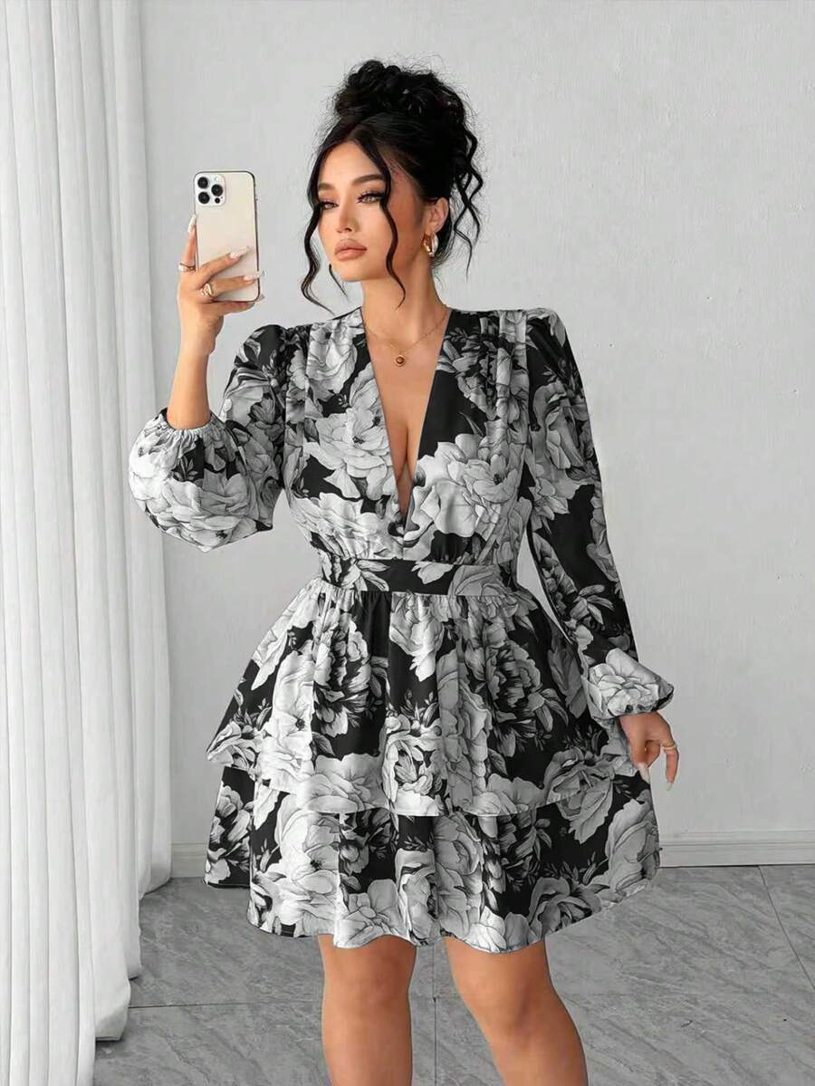 Elenzga Plus Size Women Floral V-Neck Petal Sleeve Double Ruffle Hem Dress - Black - View 1
