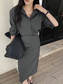 DAZY Women's Elegant Solid Color Long Sleeve Dress, Suitable For Commuting Sundress - Black - View 1