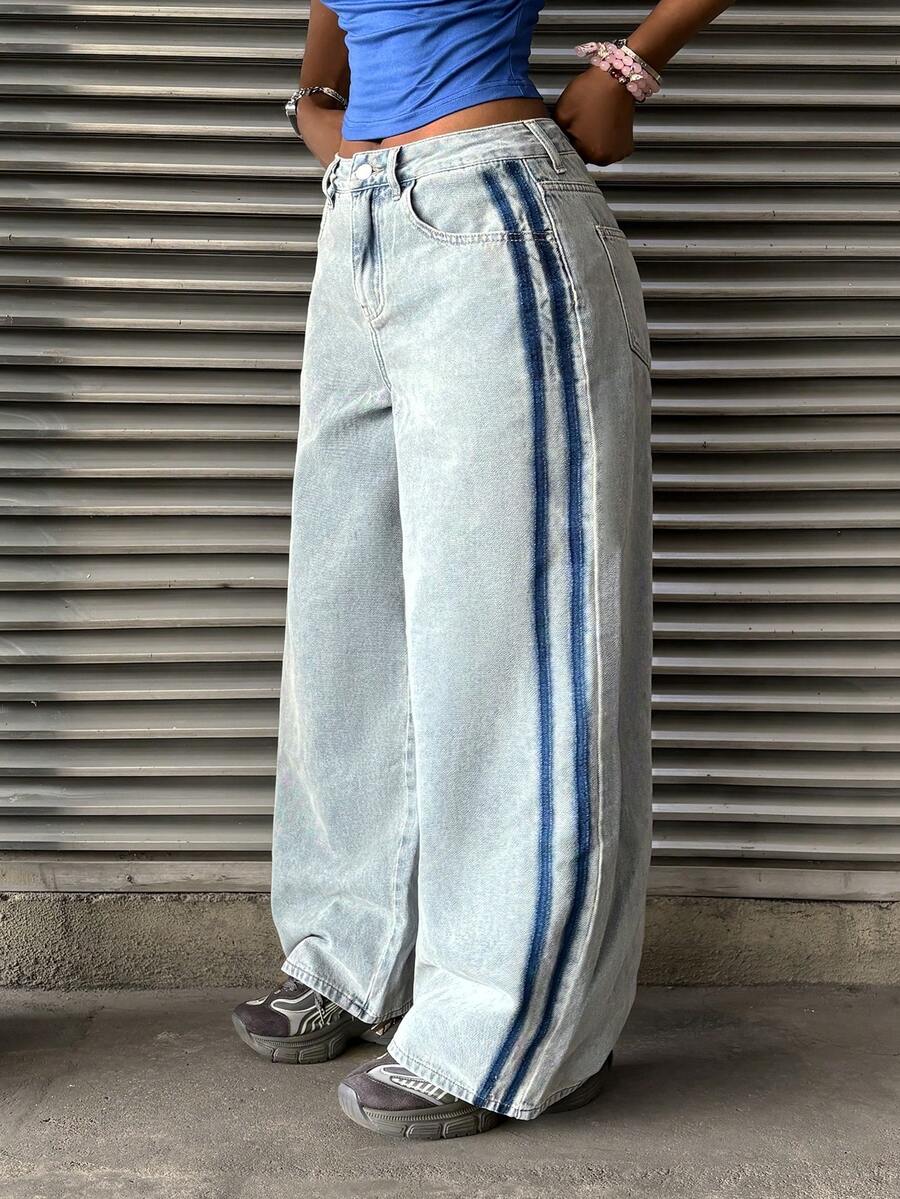 StreetHx 女士休闲时尚百搭街头风阔腿牛仔裤 - 淺色水洗藍 - 查看 1