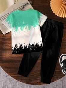 Bộ quần áo 2 món in số 67, thời trang, đa năng, thoải mái, áo thun cổ tròn graffiti và quần đen, áo tay ngắn và quần cho bé trai, phù hợp cho mọi mùa. - Nhiều màu - Xem 5