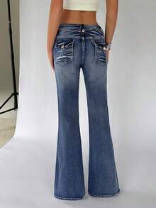 TRNVIE 女士休闲时尚街头日常通勤低腰喇叭牛仔裤 - 中等水洗藍 - 查看 2