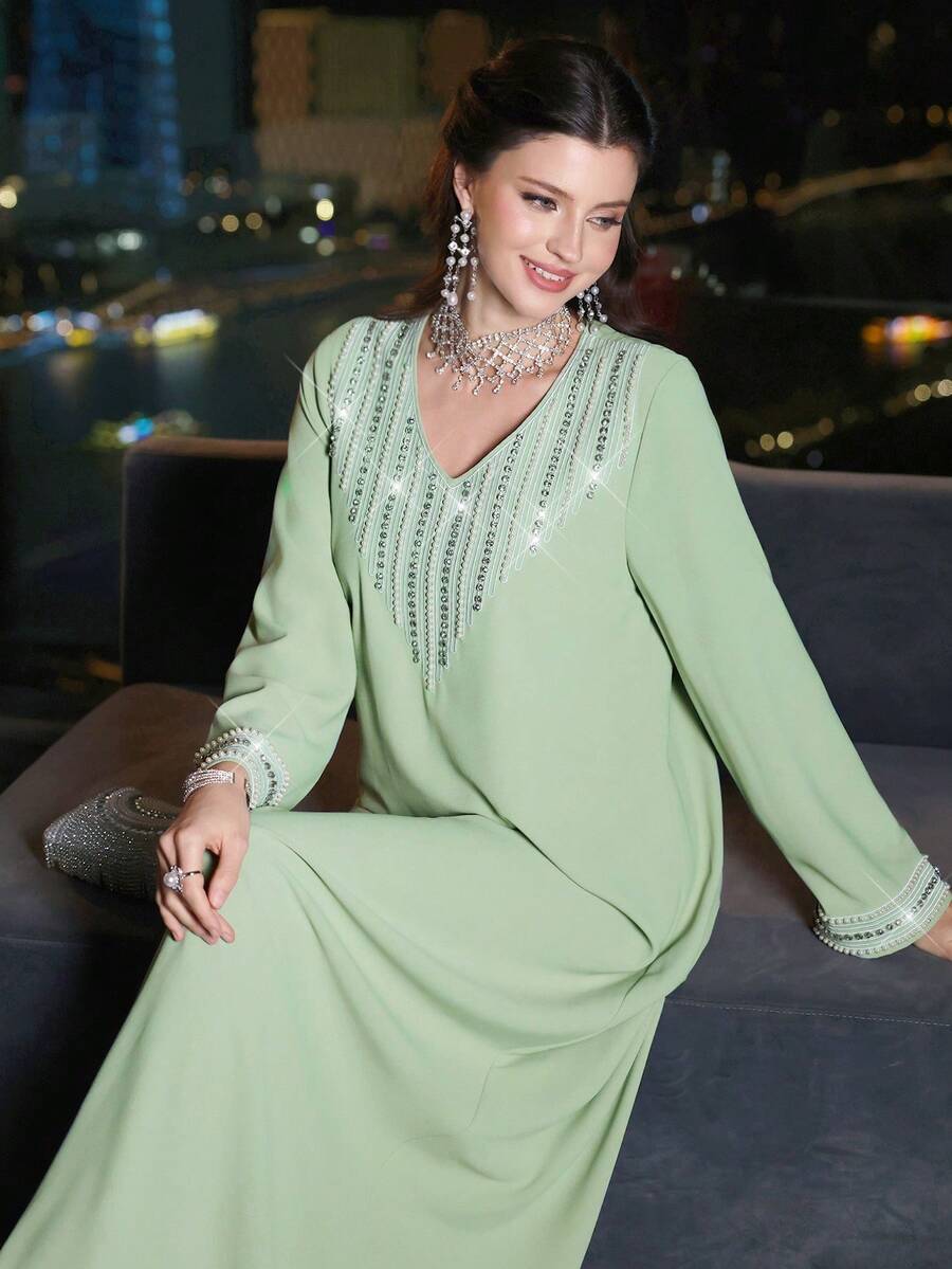 SHEIN Najma Women's Loose Embroidered Rhinestone & Pearl Elegant Casual Robe - Green - View 1