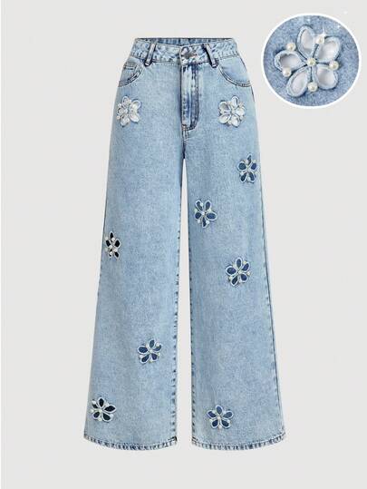 Sweetra 女士休闲花卉镂空阔腿牛仔裤，饰有仿珍珠装饰