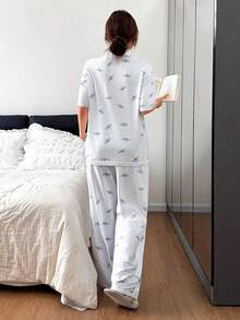 DAZY 2pcs Cute Dragonfly Pattern Loose Short Sleeve Cardigan And Long Straight Leg Pajama Pants Set, Women Summer Sleepwear - Baby Blue - View 2