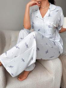 DAZY 2pcs Cute Dragonfly Pattern Loose Short Sleeve Cardigan And Long Straight Leg Pajama Pants Set, Women Summer Sleepwear - Baby Blue - View 8
