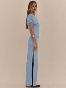 MUSERA Asymmetrical Shoulder Ruched Side Split Maxi Dress Spring Romantic Birthday Prom Wedding Guest Graduation Holiday Ibiza Beach Festival Fall Wedding Guest, Elegant , , Fall,  Summer Long Dress - Blue - View 5