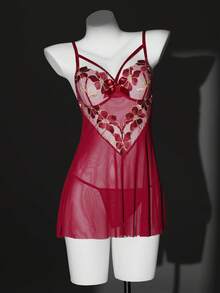 两件套：经典3D刺绣酒红色花卉薄纱吊带睡裙，配有可调节肩带和配套丁字裤，性感 - 酒紅色 - 查看 6