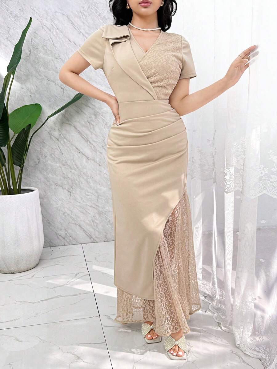 Modelyn Vestido de verano elegante de mujer con volantes de encaje en contraste - Albaricoque - Ver 1