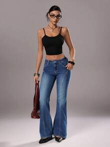 TRNVIE High Stretch Low Waist Contrast Color Pocket Casual Flare Jeans - Blue - View 7