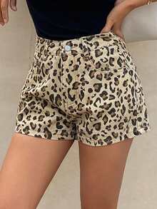 Women's Leopard Print Casual Pocketed Versatile Denim Shorts Jorts - Coffee Brown - View 6