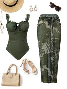 Swim Oasis 春夏热销沙滩度假风露背花卉饰边吊带衫，领口系带花卉饰边，褶皱上身+植物印花网纱裙两件套 - 彩色 - 查看 1