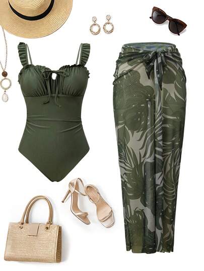 Swim Oasis Spring/Summer Hot Selling Beach Vacation Halter Floral Trim, Neck Tie Floral Trim, Ruched Bodice + Botanical Print Mesh Skirt 2 Pieces Set,Weddings & Events, Women Vacation Outfit, Green Vacation Outfit,Valentine's Day